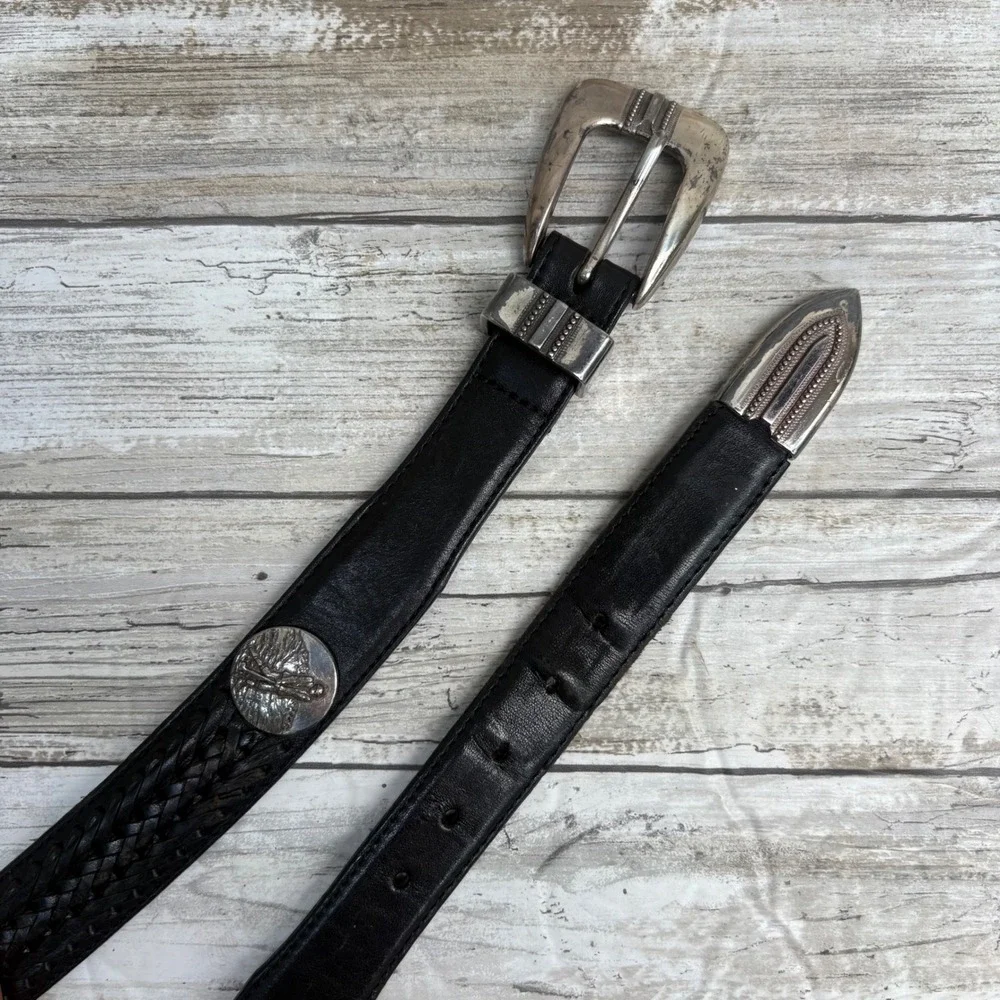 Onyx by Brighton Belt 36 Black VTG 1998 Western Golf Leather Concho Braided